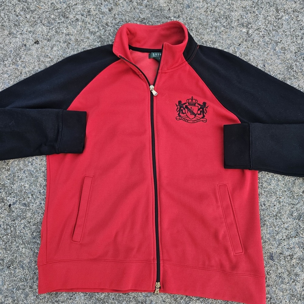 Lauren Ralph Lauren Red Black Active Track Jacket M Cotton Blend Embroidered